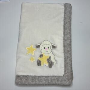 Little Miracles Lamb Baby Blanket Stars White Cream Plush Gray Trim Sheep